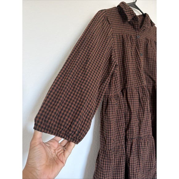 SHEIN Tiered Babydoll 100% Cotton Mini Dress Brown 3/4 Sleeve Minimalist Sz M - Picture 3 of 6